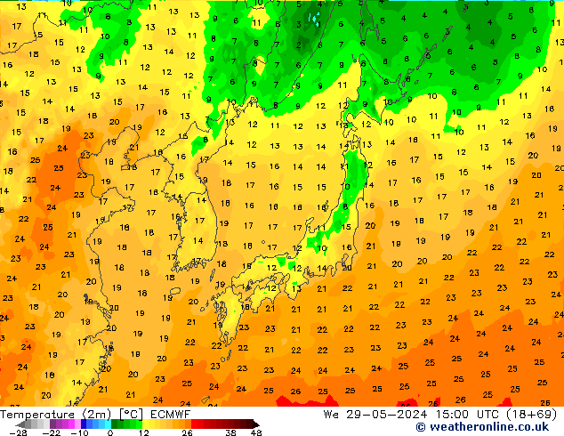 Temperature (2m) ECMWF St 29.05.2024 15 UTC