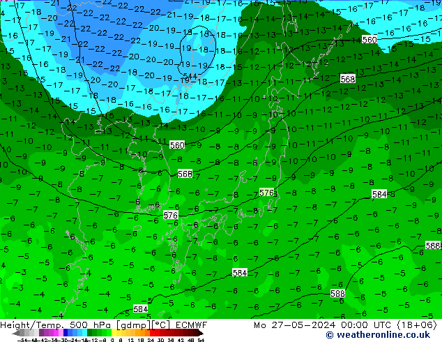 Z500/Rain (+SLP)/Z850 ECMWF Mo 27.05.2024 00 UTC