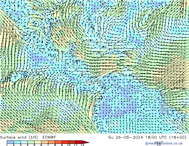 wiatr 10 m (bft) ECMWF nie. 26.05.2024 18 UTC