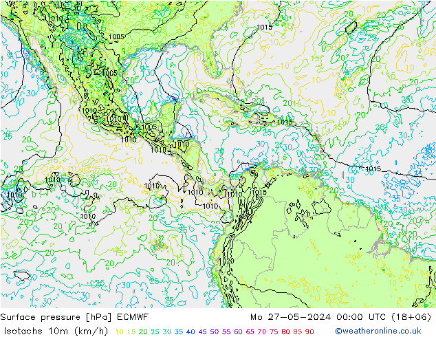 Isotachs (kph) ECMWF lun 27.05.2024 00 UTC