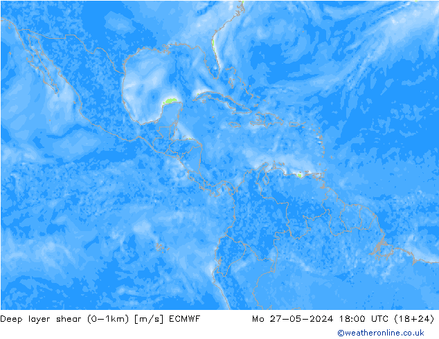 Deep layer shear (0-1km) ECMWF Mo 27.05.2024 18 UTC
