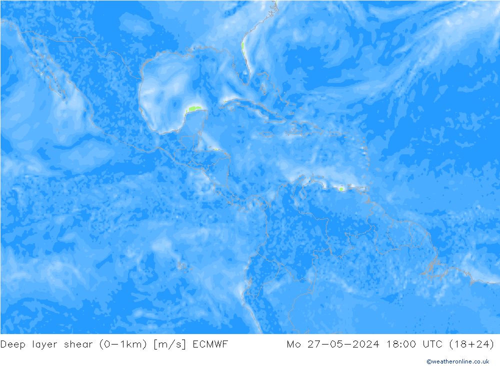 Deep layer shear (0-1km) ECMWF Mo 27.05.2024 18 UTC