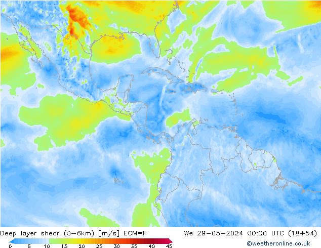 Deep layer shear (0-6km) ECMWF Qua 29.05.2024 00 UTC