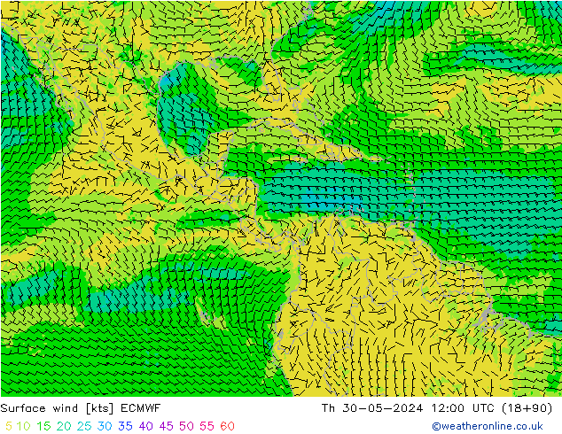 Viento 10 m ECMWF jue 30.05.2024 12 UTC