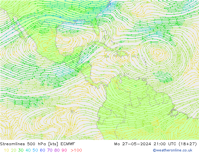 Linha de corrente 500 hPa ECMWF Seg 27.05.2024 21 UTC