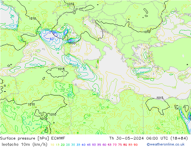 Isotachen (km/h) ECMWF do 30.05.2024 06 UTC