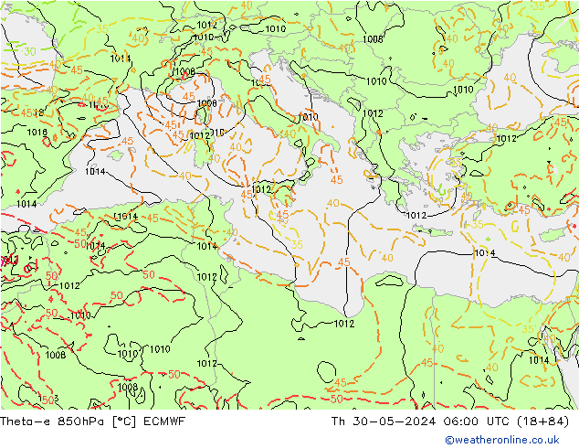 Theta-e 850hPa ECMWF do 30.05.2024 06 UTC