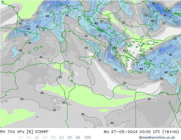 Humedad rel. 700hPa ECMWF lun 27.05.2024 00 UTC