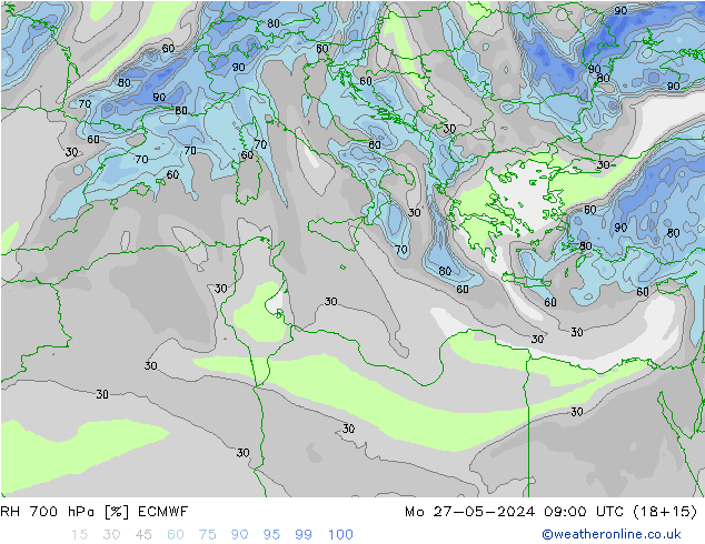 RH 700 hPa ECMWF lun 27.05.2024 09 UTC