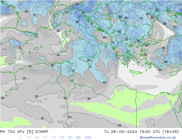 RH 700 гПа ECMWF вт 28.05.2024 15 UTC