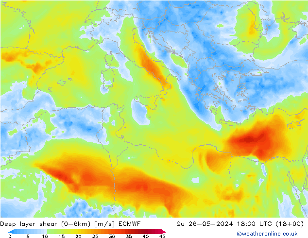 Deep layer shear (0-6km) ECMWF Su 26.05.2024 18 UTC