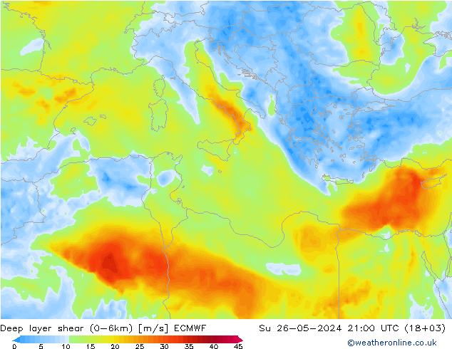 Deep layer shear (0-6km) ECMWF Вс 26.05.2024 21 UTC