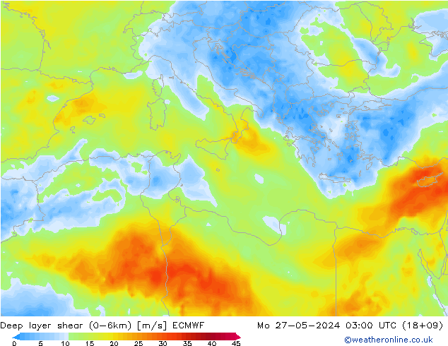 Deep layer shear (0-6km) ECMWF Mo 27.05.2024 03 UTC