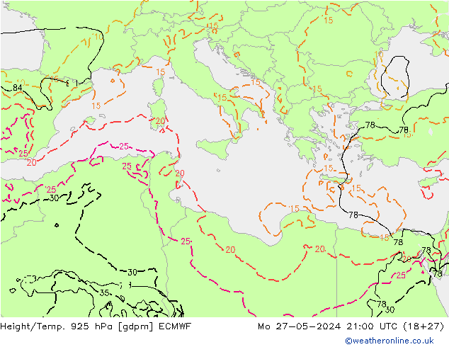 Yükseklik/Sıc. 925 hPa ECMWF Pzt 27.05.2024 21 UTC