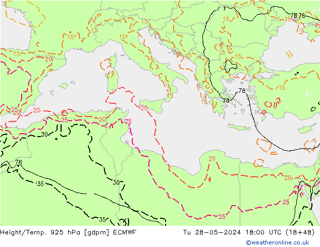 Yükseklik/Sıc. 925 hPa ECMWF Sa 28.05.2024 18 UTC