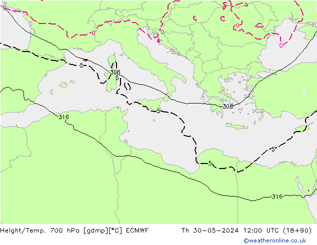 Height/Temp. 700 hPa ECMWF gio 30.05.2024 12 UTC