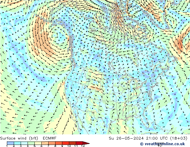 Surface wind (bft) ECMWF Su 26.05.2024 21 UTC
