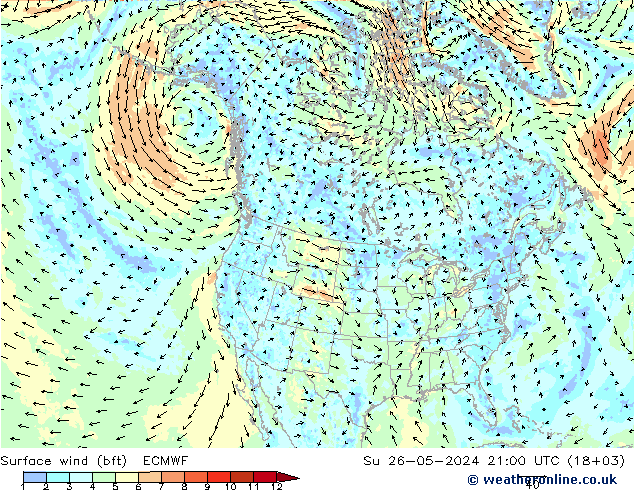 Bodenwind (bft) ECMWF So 26.05.2024 21 UTC