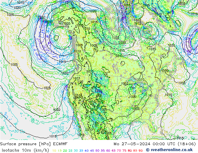 Isotachs (kph) ECMWF Mo 27.05.2024 00 UTC