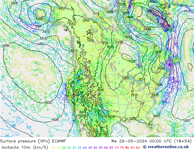 Isotachs (kph) ECMWF  29.05.2024 00 UTC