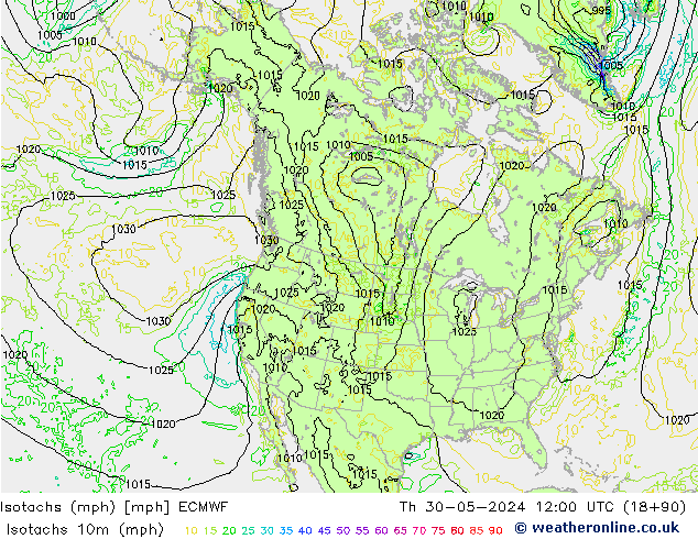 Isotachen (mph) ECMWF do 30.05.2024 12 UTC