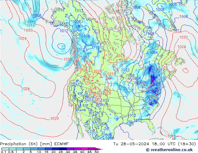 Totale neerslag (6h) ECMWF di 28.05.2024 00 UTC