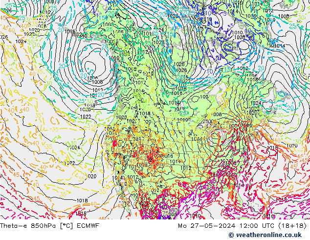 Theta-e 850hPa ECMWF Pzt 27.05.2024 12 UTC