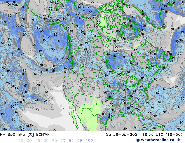 RH 850 гПа ECMWF Вс 26.05.2024 18 UTC