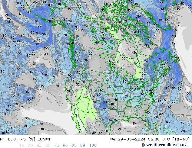 RH 850 hPa ECMWF Qua 29.05.2024 06 UTC