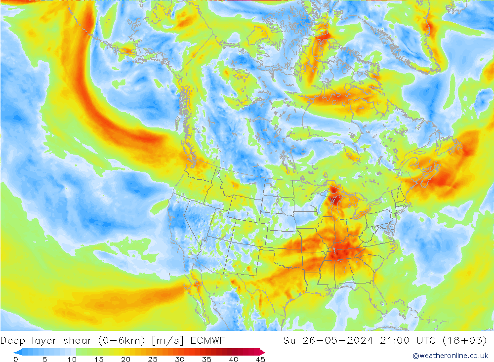 Deep layer shear (0-6km) ECMWF So 26.05.2024 21 UTC