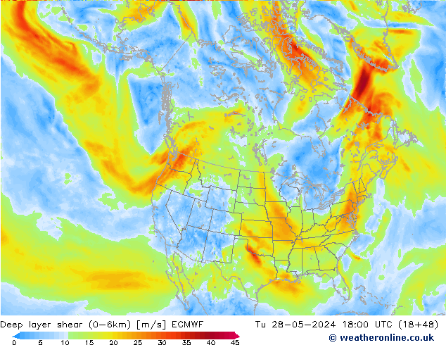 Deep layer shear (0-6km) ECMWF mar 28.05.2024 18 UTC