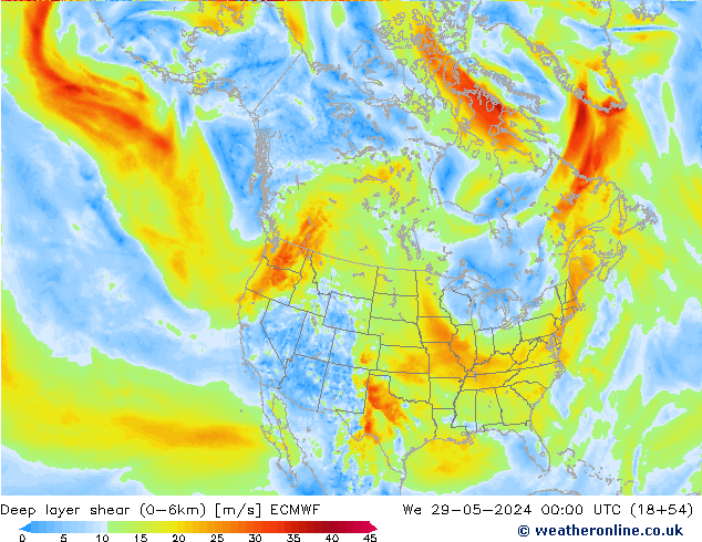 Deep layer shear (0-6km) ECMWF wo 29.05.2024 00 UTC