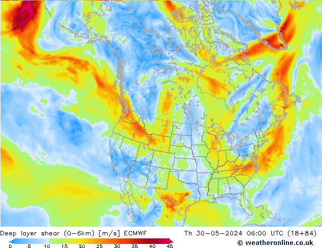 Deep layer shear (0-6km) ECMWF Do 30.05.2024 06 UTC