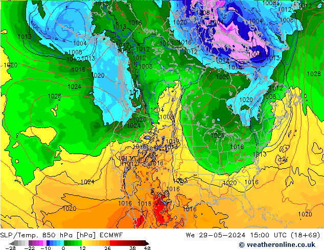 SLP/Temp. 850 hPa ECMWF wo 29.05.2024 15 UTC