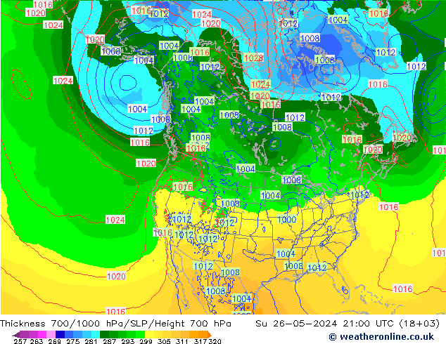 Schichtdicke 700-1000 hPa ECMWF So 26.05.2024 21 UTC