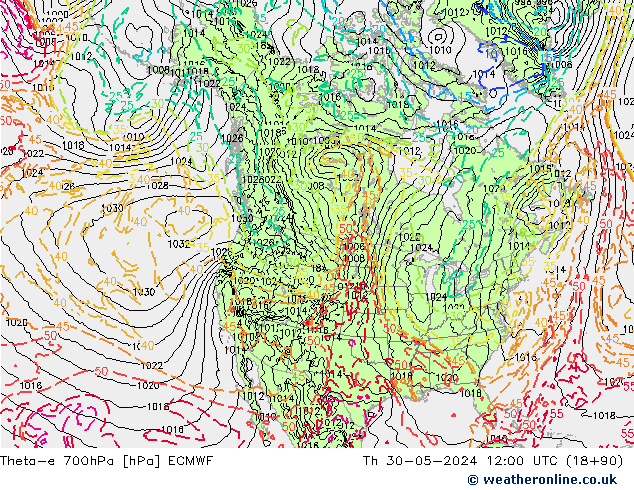 Theta-e 700hPa ECMWF do 30.05.2024 12 UTC