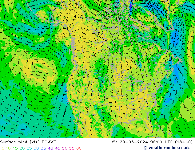 Vento 10 m ECMWF Qua 29.05.2024 06 UTC