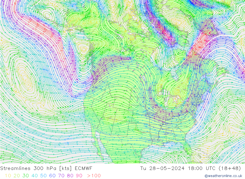 Streamlines 300 hPa ECMWF Tu 28.05.2024 18 UTC