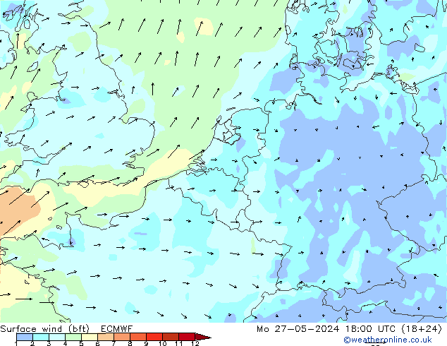 Bodenwind (bft) ECMWF Mo 27.05.2024 18 UTC