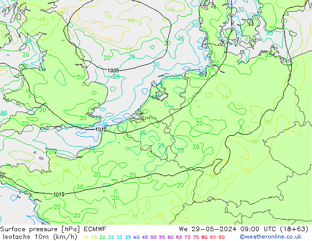 Isotachen (km/h) ECMWF wo 29.05.2024 09 UTC