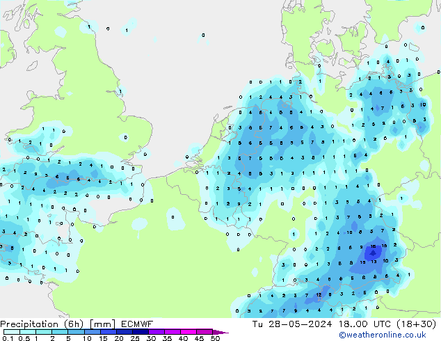 Precipitation (6h) ECMWF Tu 28.05.2024 00 UTC