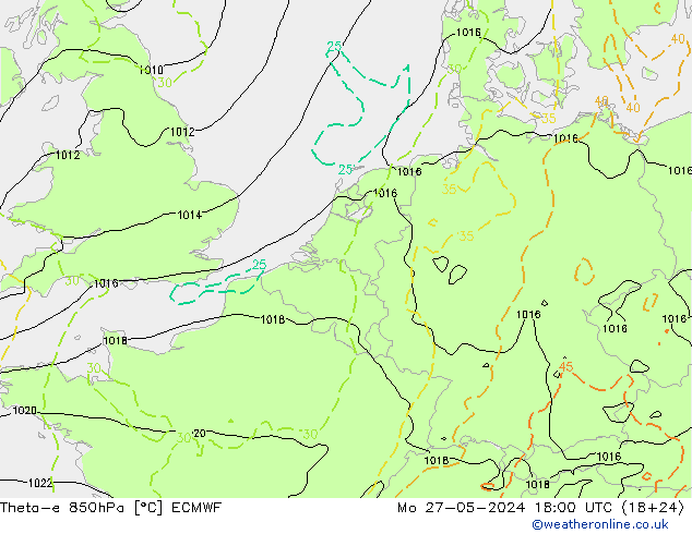 Theta-e 850hPa ECMWF ma 27.05.2024 18 UTC