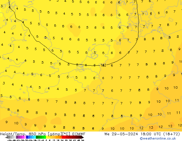 Height/Temp. 850 hPa ECMWF mer 29.05.2024 18 UTC