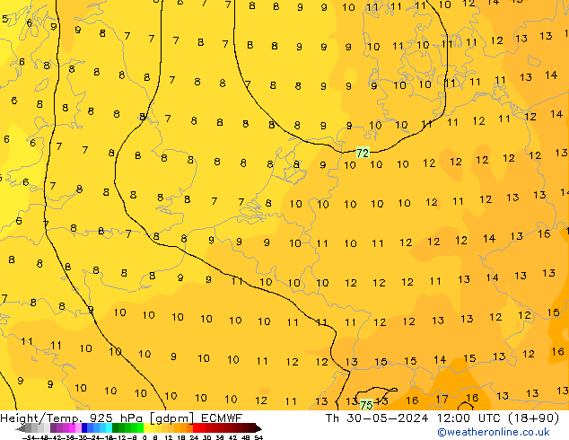 Height/Temp. 925 hPa ECMWF Do 30.05.2024 12 UTC