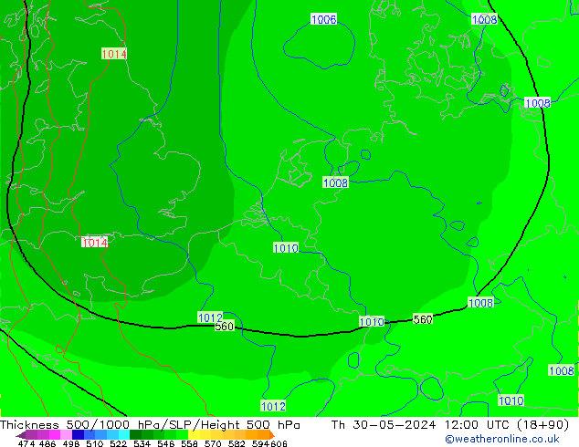 Thck 500-1000гПа ECMWF чт 30.05.2024 12 UTC