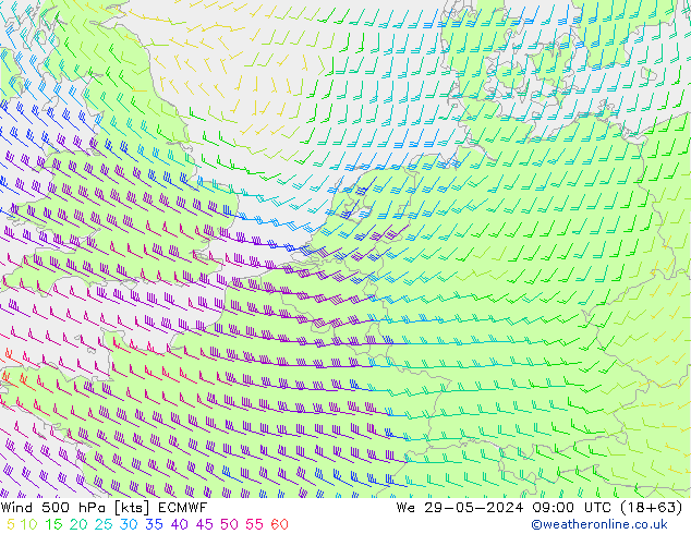 Vento 500 hPa ECMWF mer 29.05.2024 09 UTC