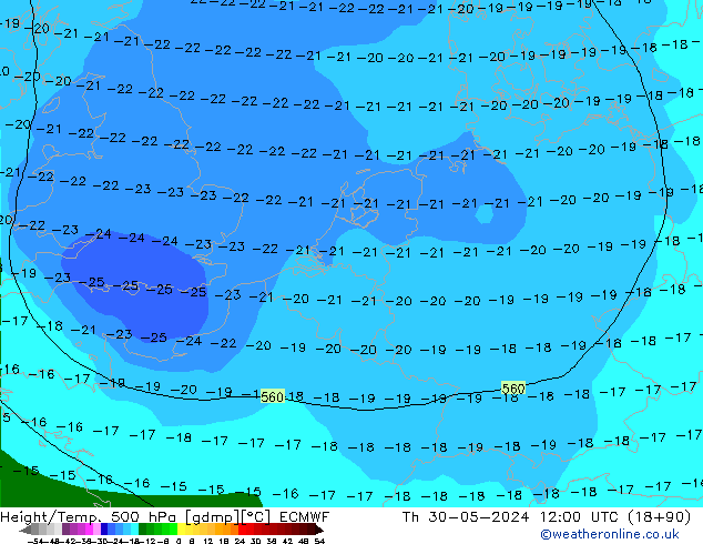 Z500/Rain (+SLP)/Z850 ECMWF Čt 30.05.2024 12 UTC