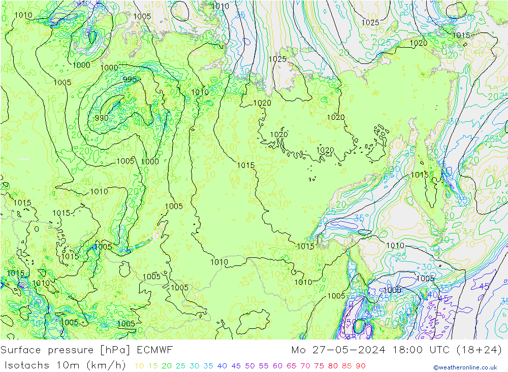 Isotachs (kph) ECMWF lun 27.05.2024 18 UTC