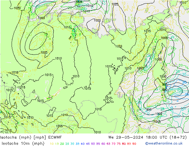 Izotacha (mph) ECMWF śro. 29.05.2024 18 UTC