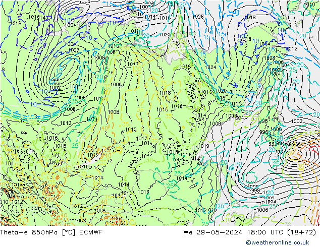 Theta-e 850hPa ECMWF Mi 29.05.2024 18 UTC